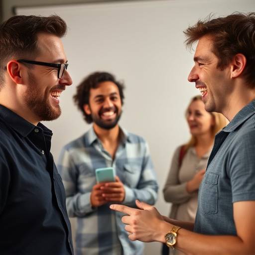 A group of actors laughing and participating in an improvisation exercise, showcasing the spontaneity and creativity of the class.