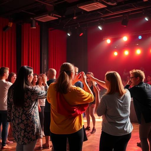 A lively rehearsal scene from a musical theater workshop, capturing the energy and collaborative spirit of the course.