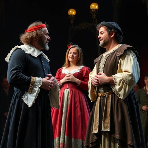 Actors dressed in period costumes performing a scene from Shakespeare, reflecting the course's focus on classical text.
