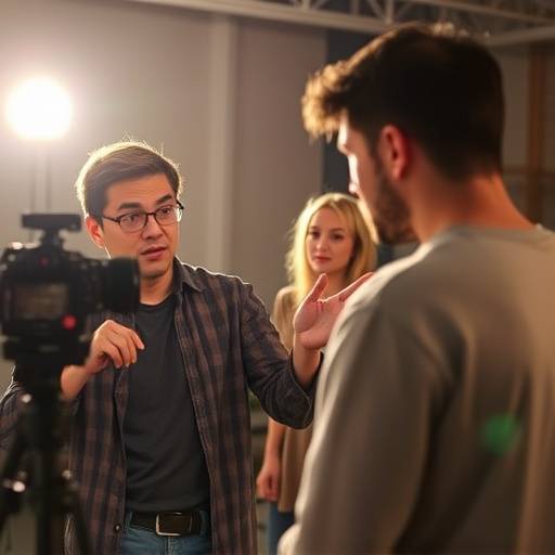 An instructor guiding a student during an on-camera acting exercise.