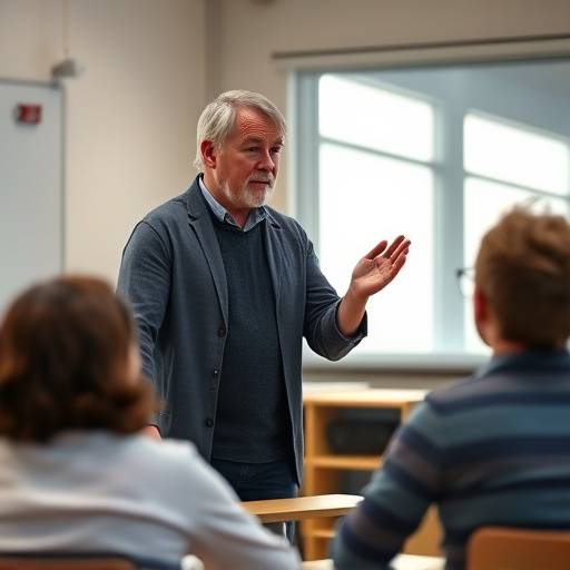 An instructor guiding a student on proper voice projection techniques during a Voice and Diction class.