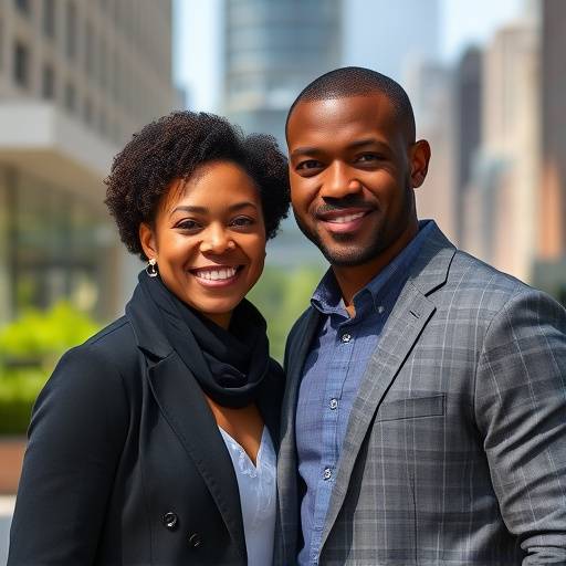 Founders Eleanor Vance and Marcus Bellweather standing in front of the Veridian Stage Academy building in Chicago.