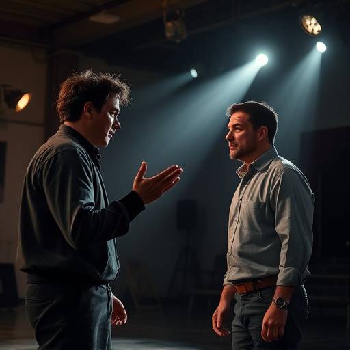 Two actors engaged in a dramatic scene rehearsal.
