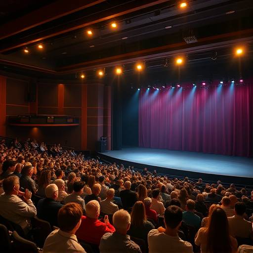 Wide shot of a full theater, filled with audience members watching a stage play.